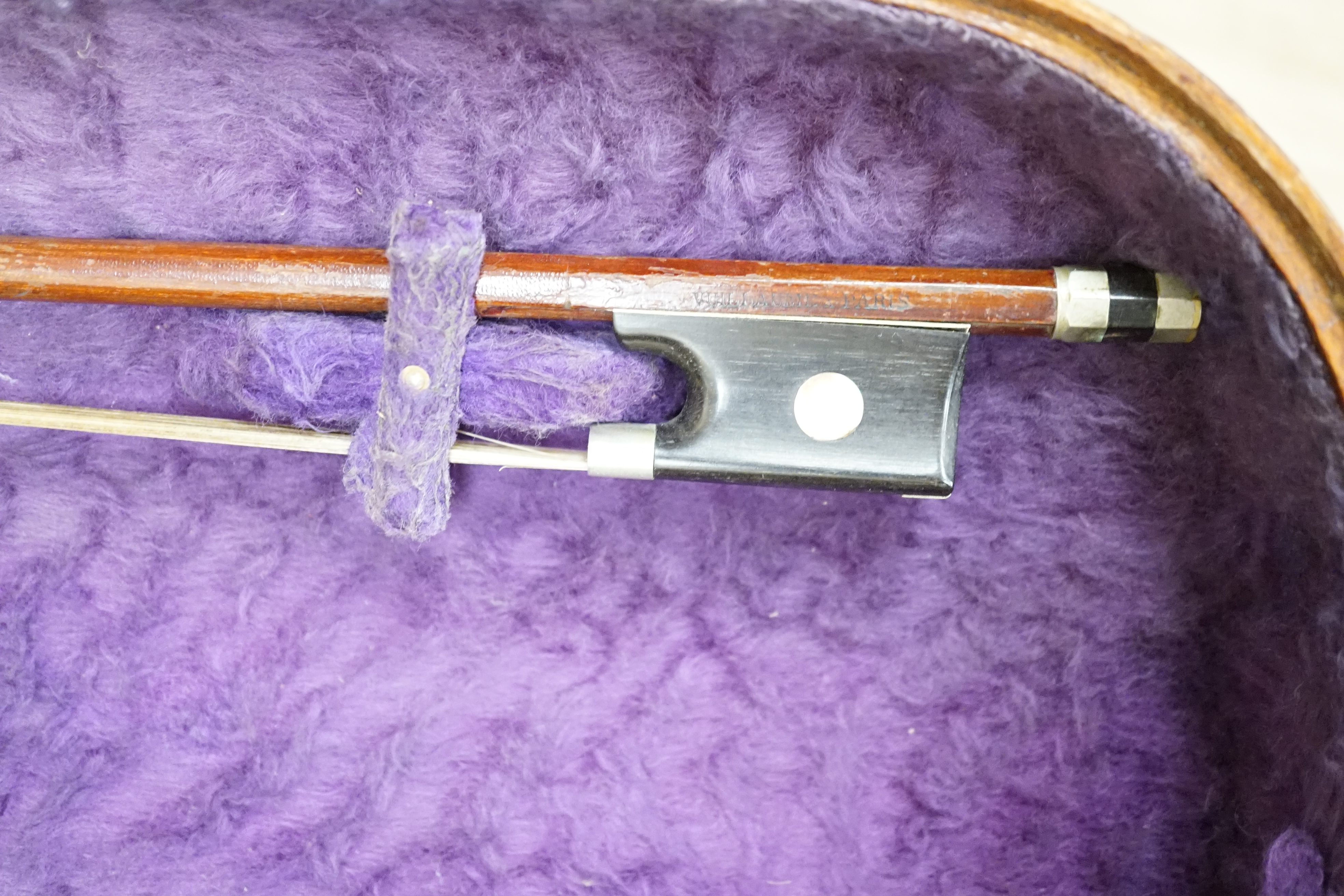 A 19th century violin (unlabelled), in mahogany Jerome case, with bow stamped Vuillaume